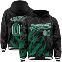 Загрузить изображение в средство просмотра галереи, Custom Black Kelly Green-White Splash 3D Pattern Design Bomber Full-Snap Varsity Letterman Hoodie Jacket
