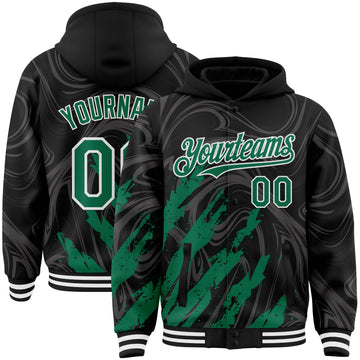 Custom Black Kelly Green-White Splash 3D Pattern Design Bomber Full-Snap Varsity Letterman Hoodie Jacket