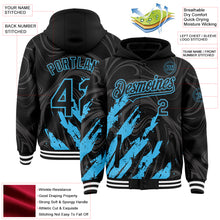 Загрузить изображение в средство просмотра галереи, Custom Black Sky Blue-White Splash 3D Pattern Design Bomber Full-Snap Varsity Letterman Hoodie Jacket
