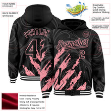 Загрузить изображение в средство просмотра галереи, Custom Black Medium Pink-White Splash 3D Pattern Design Bomber Full-Snap Varsity Letterman Hoodie Jacket
