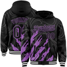 Загрузить изображение в средство просмотра галереи, Custom Black Medium Purple-White Splash 3D Pattern Design Bomber Full-Snap Varsity Letterman Hoodie Jacket
