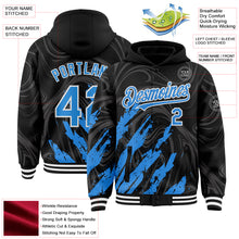 Загрузить изображение в средство просмотра галереи, Custom Black Powder Blue-White Splash 3D Pattern Design Bomber Full-Snap Varsity Letterman Hoodie Jacket
