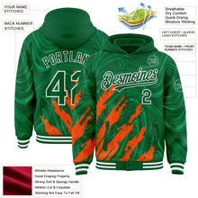 Загрузить изображение в средство просмотра галереи, Custom Kelly Green Orange-White Splash 3D Pattern Design Bomber Full-Snap Varsity Letterman Hoodie Jacket
