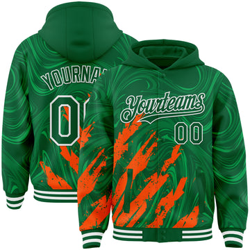 Custom Kelly Green Orange-White Splash 3D Pattern Design Bomber Full-Snap Varsity Letterman Hoodie Jacket