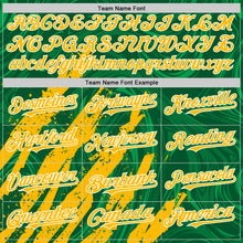 Загрузить изображение в средство просмотра галереи, Custom Kelly Green Gold-White Splash 3D Pattern Design Bomber Full-Snap Varsity Letterman Hoodie Jacket
