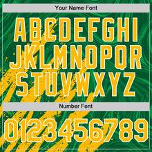 Загрузить изображение в средство просмотра галереи, Custom Kelly Green Gold-White Splash 3D Pattern Design Bomber Full-Snap Varsity Letterman Hoodie Jacket
