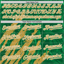 Загрузить изображение в средство просмотра галереи, Custom Kelly Green Old Gold-White Splash 3D Pattern Design Bomber Full-Snap Varsity Letterman Hoodie Jacket
