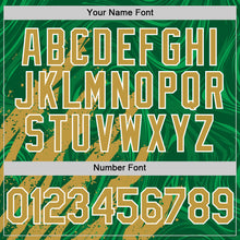 Загрузить изображение в средство просмотра галереи, Custom Kelly Green Old Gold-White Splash 3D Pattern Design Bomber Full-Snap Varsity Letterman Hoodie Jacket
