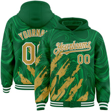 Загрузить изображение в средство просмотра галереи, Custom Kelly Green Old Gold-White Splash 3D Pattern Design Bomber Full-Snap Varsity Letterman Hoodie Jacket
