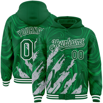 Custom Kelly Green Gray-White Splash 3D Pattern Design Bomber Full-Snap Varsity Letterman Hoodie Jacket