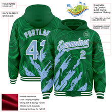 Загрузить изображение в средство просмотра галереи, Custom Kelly Green Light Blue-White Splash 3D Pattern Design Bomber Full-Snap Varsity Letterman Hoodie Jacket
