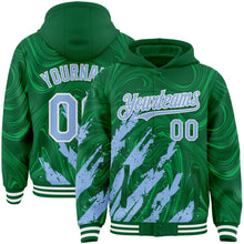 Загрузить изображение в средство просмотра галереи, Custom Kelly Green Light Blue-White Splash 3D Pattern Design Bomber Full-Snap Varsity Letterman Hoodie Jacket
