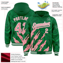 Загрузить изображение в средство просмотра галереи, Custom Kelly Green Medium Pink-White Splash 3D Pattern Design Bomber Full-Snap Varsity Letterman Hoodie Jacket
