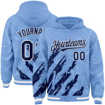 Custom Light Blue Navy-White Splash 3D Pattern Design Bomber Full-Snap Varsity Letterman Hoodie Jacket