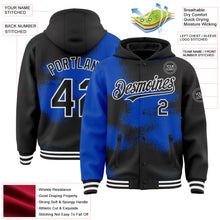 Загрузить изображение в средство просмотра галереи, Custom Black Thunder Blue-White Abstract Color Blocks Fragment 3D Pattern Design Bomber Full-Snap Varsity Letterman Hoodie Jacket
