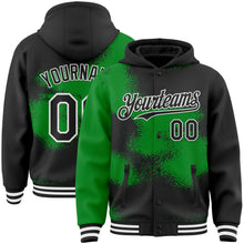 Загрузить изображение в средство просмотра галереи, Custom Black Grass Green-White Abstract Color Blocks Fragment 3D Pattern Design Bomber Full-Snap Varsity Letterman Hoodie Jacket

