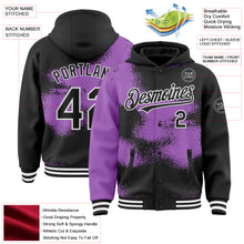 Загрузить изображение в средство просмотра галереи, Custom Black Medium Purple-White Abstract Color Blocks Fragment 3D Pattern Design Bomber Full-Snap Varsity Letterman Hoodie Jacket
