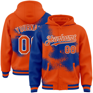 Custom Orange Royal-White Abstract Color Blocks Fragment 3D Pattern Design Bomber Full-Snap Varsity Letterman Hoodie Jacket