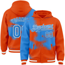 Загрузить изображение в средство просмотра галереи, Custom Orange Powder Blue-White Abstract Color Blocks Fragment 3D Pattern Design Bomber Full-Snap Varsity Letterman Hoodie Jacket
