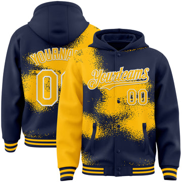 Custom Navy Gold-White Abstract Color Blocks Fragment 3D Pattern Design Bomber Full-Snap Varsity Letterman Hoodie Jacket