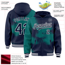 Загрузить изображение в средство просмотра галереи, Custom Navy Teal-White Abstract Color Blocks Fragment 3D Pattern Design Bomber Full-Snap Varsity Letterman Hoodie Jacket
