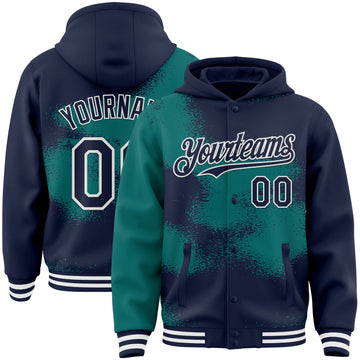 Custom Navy Teal-White Abstract Color Blocks Fragment 3D Pattern Design Bomber Full-Snap Varsity Letterman Hoodie Jacket