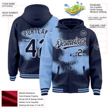 Загрузить изображение в средство просмотра галереи, Custom Navy Light Blue-White Abstract Color Blocks Fragment 3D Pattern Design Bomber Full-Snap Varsity Letterman Hoodie Jacket
