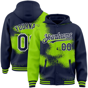 Custom Navy Neon Green-White Abstract Color Blocks Fragment 3D Pattern Design Bomber Full-Snap Varsity Letterman Hoodie Jacket