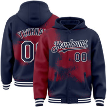 Загрузить изображение в средство просмотра галереи, Custom Navy Crimson-White Abstract Color Blocks Fragment 3D Pattern Design Bomber Full-Snap Varsity Letterman Hoodie Jacket
