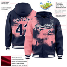 Загрузить изображение в средство просмотра галереи, Custom Navy Medium Pink-White Abstract Color Blocks Fragment 3D Pattern Design Bomber Full-Snap Varsity Letterman Hoodie Jacket
