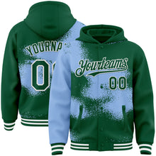 Загрузить изображение в средство просмотра галереи, Custom Kelly Green Light Blue-White Abstract Color Blocks Fragment 3D Pattern Design Bomber Full-Snap Varsity Letterman Hoodie Jacket
