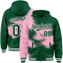 Загрузить изображение в средство просмотра галереи, Custom Kelly Green Light Pink-White Abstract Color Blocks Fragment 3D Pattern Design Bomber Full-Snap Varsity Letterman Hoodie Jacket
