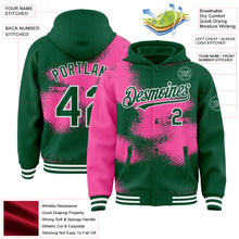 Загрузить изображение в средство просмотра галереи, Custom Kelly Green Pink-White Abstract Color Blocks Fragment 3D Pattern Design Bomber Full-Snap Varsity Letterman Hoodie Jacket

