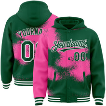Загрузить изображение в средство просмотра галереи, Custom Kelly Green Pink-White Abstract Color Blocks Fragment 3D Pattern Design Bomber Full-Snap Varsity Letterman Hoodie Jacket
