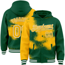 Загрузить изображение в средство просмотра галереи, Custom Kelly Green Gold-White Abstract Color Blocks Fragment 3D Pattern Design Bomber Full-Snap Varsity Letterman Hoodie Jacket
