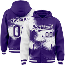 Загрузить изображение в средство просмотра галереи, Custom Purple White Abstract Color Blocks Fragment 3D Pattern Design Bomber Full-Snap Varsity Letterman Hoodie Jacket
