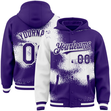 Custom Purple White Abstract Color Blocks Fragment 3D Pattern Design Bomber Full-Snap Varsity Letterman Hoodie Jacket