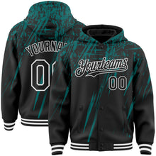 Загрузить изображение в средство просмотра галереи, Custom Black Teal-White Splash 3D Pattern Design Bomber Full-Snap Varsity Letterman Hoodie Jacket
