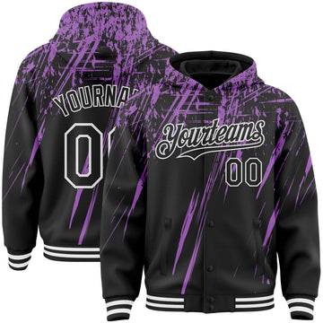 Custom Black Medium Purple-White Splash 3D Pattern Design Bomber Full-Snap Varsity Letterman Hoodie Jacket