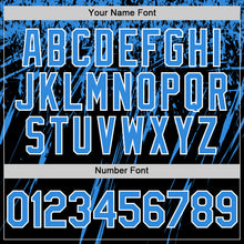 Загрузить изображение в средство просмотра галереи, Custom Black Powder Blue-White Splash 3D Pattern Design Bomber Full-Snap Varsity Letterman Hoodie Jacket
