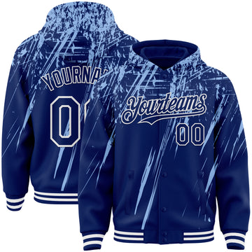 Custom Royal Light Blue-White Splash 3D Pattern Design Bomber Full-Snap Varsity Letterman Hoodie Jacket