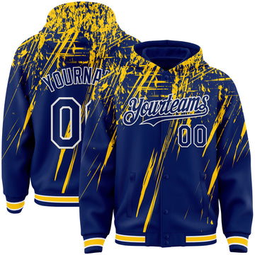 Custom Royal Yellow-White Splash 3D Pattern Design Bomber Full-Snap Varsity Letterman Hoodie Jacket