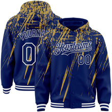 Загрузить изображение в средство просмотра галереи, Custom Royal Old Gold-White Splash 3D Pattern Design Bomber Full-Snap Varsity Letterman Hoodie Jacket
