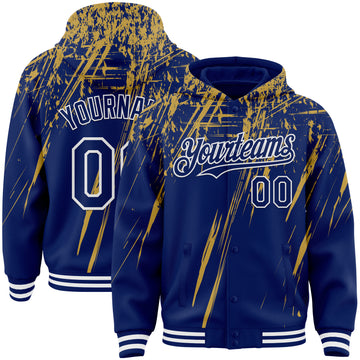 Custom Royal Old Gold-White Splash 3D Pattern Design Bomber Full-Snap Varsity Letterman Hoodie Jacket