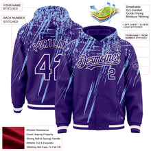 Загрузить изображение в средство просмотра галереи, Custom Purple Light Blue-White Splash 3D Pattern Design Bomber Full-Snap Varsity Letterman Hoodie Jacket
