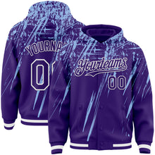 Загрузить изображение в средство просмотра галереи, Custom Purple Light Blue-White Splash 3D Pattern Design Bomber Full-Snap Varsity Letterman Hoodie Jacket

