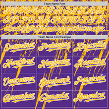 Загрузить изображение в средство просмотра галереи, Custom Purple Gold-White Splash 3D Pattern Design Bomber Full-Snap Varsity Letterman Hoodie Jacket
