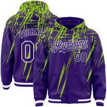 Загрузить изображение в средство просмотра галереи, Custom Purple Neon Green-White Splash 3D Pattern Design Bomber Full-Snap Varsity Letterman Hoodie Jacket
