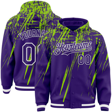 Custom Purple Neon Green-White Splash 3D Pattern Design Bomber Full-Snap Varsity Letterman Hoodie Jacket