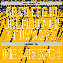 Загрузить изображение в средство просмотра галереи, Custom Gold Navy-White Splash 3D Pattern Design Bomber Full-Snap Varsity Letterman Hoodie Jacket
